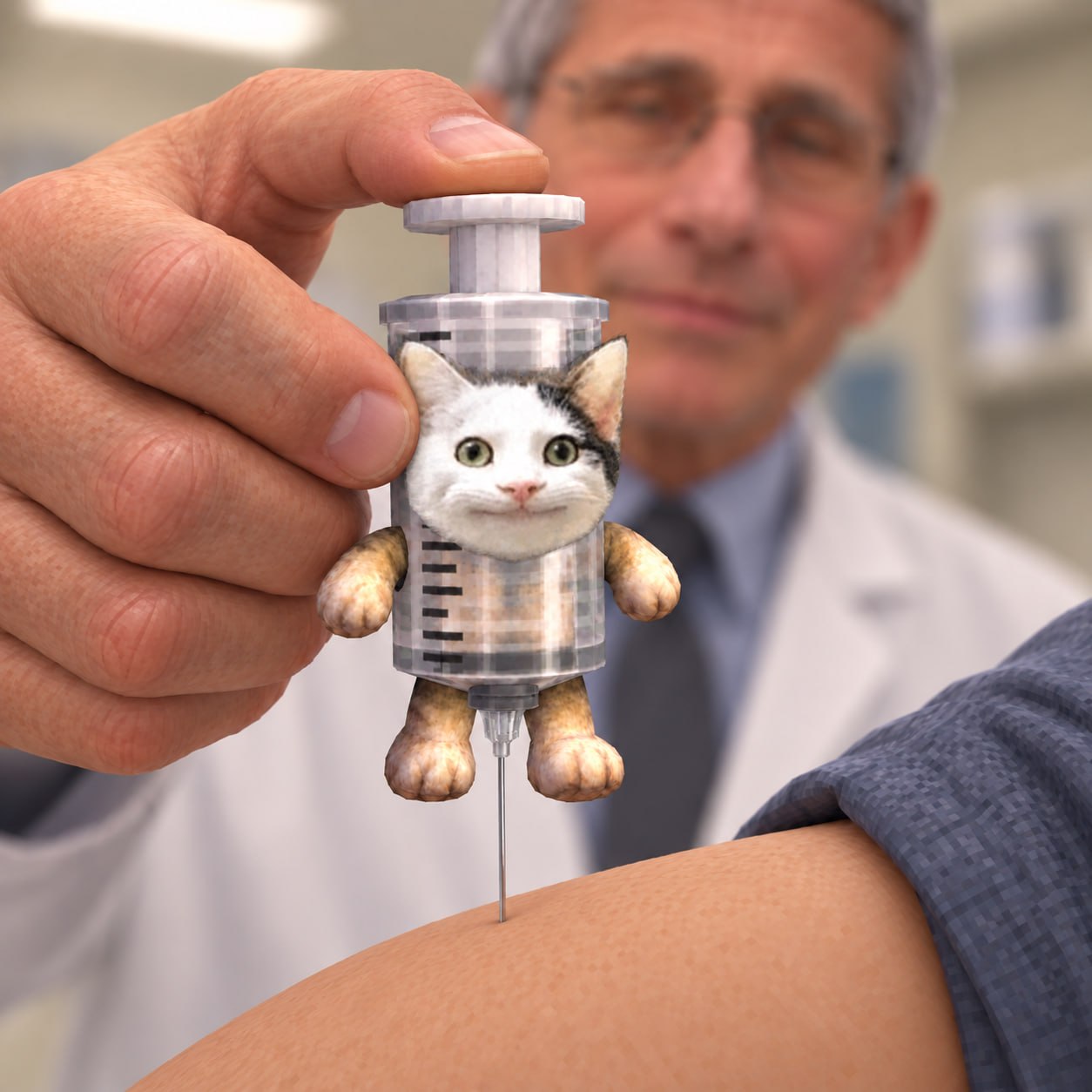 Absurd fictional edit of a doctor holding the tiny Jabcat syringe