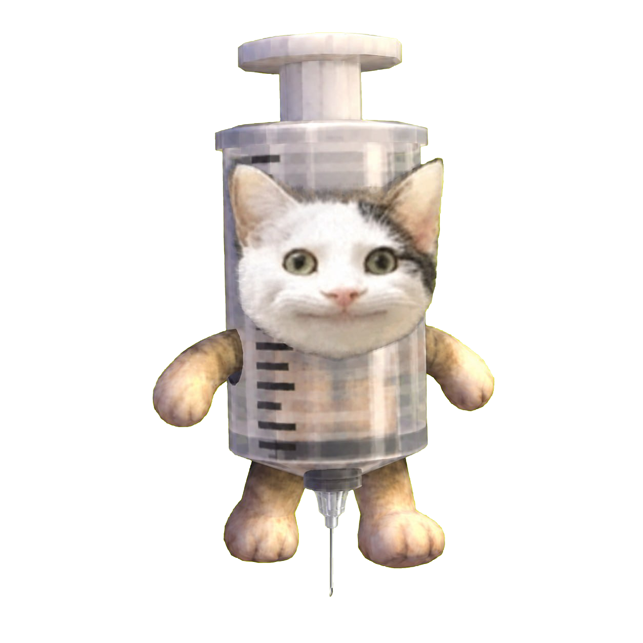 Jabcat: a smiling cat with a syringe body, tiny paws, and a very long needle